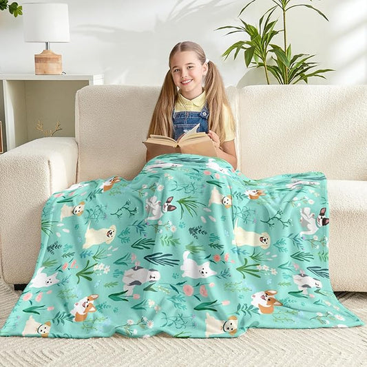 Wajade Floral Puppy Dog Blanket for Kids Toddler Soft Flannel Sage Green Bed Blanket for Kids Adults Teens Plush Cute Christmas Birthday Gifts 50"x60"