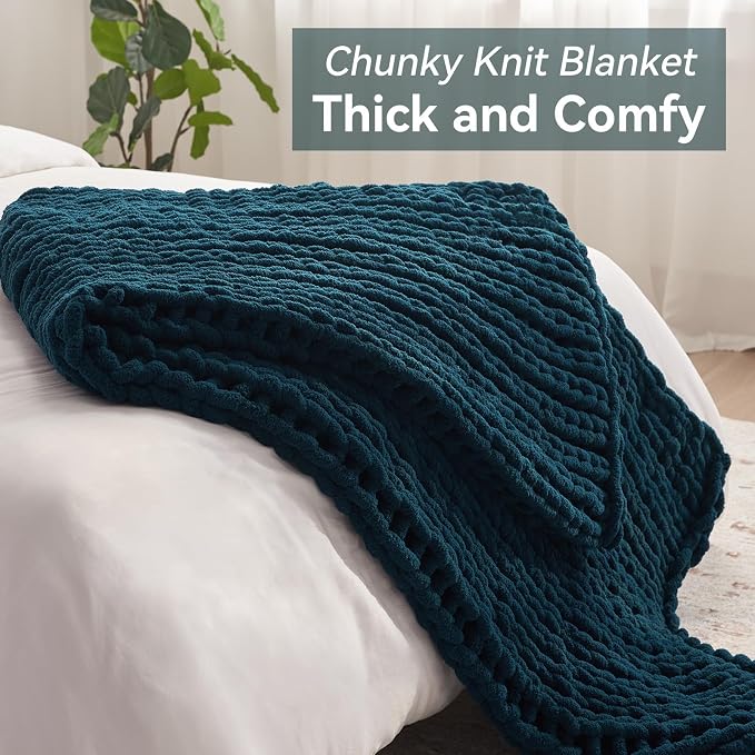 Negwoo Chunky Knit Throw Blanket, Knitted Throw Chenille Yarn, 60"*80" | Soft Thick Cable Knitted Blankets, Handmade Big Thick Blanket,Machine Washable Cute Comfy Blanket for Home Decor,Peacock blue