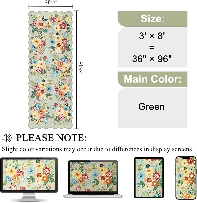 DUKINO 3x8 Kitchen Runner Rug, Soft Floral Washable Rug for Hallway, Green | Low Pile, Stain Resistant Throw Rug Runner for Entryway, Bedroom, Bathroom, Laundry, Pet Friendly, Modern Home Decor
