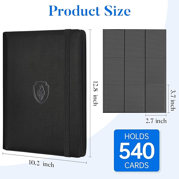 Premium 9 Pocket Card Binder for 540 Cards, Fabmaker PU Cover Trading Card Binder, Sturdy Card Collection Album, Sleek Card Holder Folders for Game Cards & Sports Cards, Black