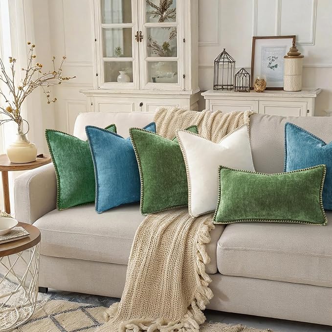 decorUhome Soft Chenille Throw Pillow Covers 22x22 Set of 2 Teal | Fall Textured Decorative Throw Pillow Cases Stitched Edge Modern Farmhouse Luxury Boho Velvet for Couch Sofa Bed Home Decor