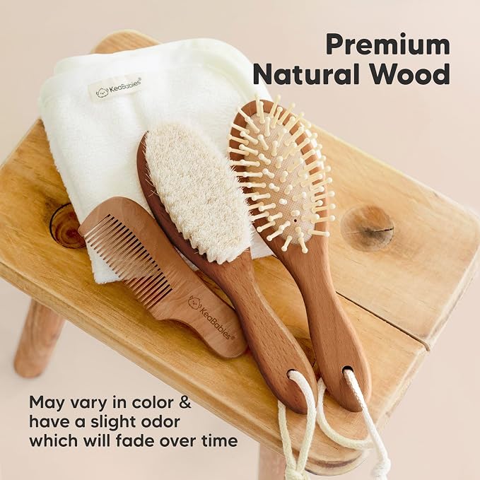 Wooden Baby Hair Brush Set for Newborns, Toddlers - Soft Goat Bristle Baby Brush and Comb Set Newborn Grooming Kit for Cradle Cap Care,Durable & Gentle,Boy,Girl Infant Essentials(Regular, Dark Walnut)