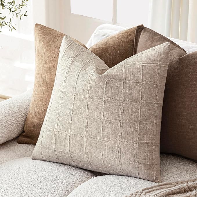 Foindtower Set of 2 Decorative Linen Check Throw Pillow Covers Neutral Farmhouse Vintage Cushion Covers Modern Boho Home Decor for Sofa Chair Couch Bedroom Living Room,24×24 Inch,Natural Linen