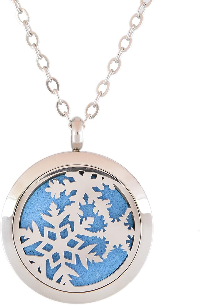Aromatherapy Essential Oil Diffuser Stainless Steel 30MM Silver Magnetic Locket Pendant with Chain Necklace and Colored Refill Pads & Diffuser Bracelet all in a velvet bag (Snowflake2)