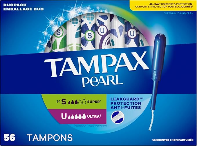 Tampax Pearl Tampons for Women Multipack, with LeakGuard Braid, Super/Ultra Absorbency, Unscented, 56 Count