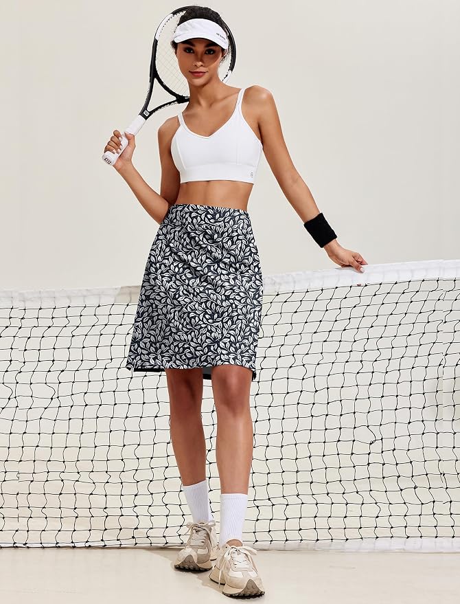 COOrun Women's 20" Knee Length Skirts High Waisted Golf Skorts with Pockets | Soft, Quick Dry, Split Hem, Built-in Shorts, A-line, Modest Skirts, for Golf Athletic Tennis Work Casual