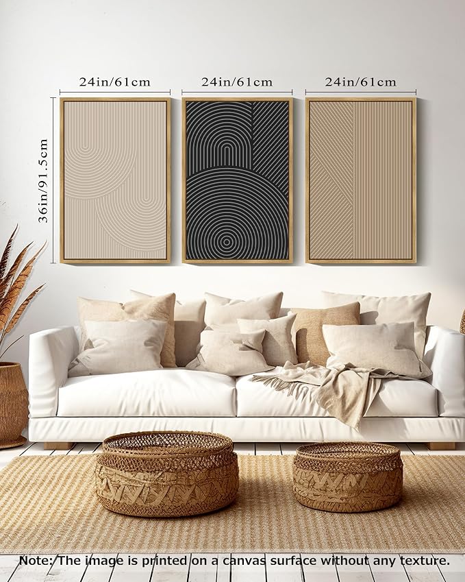 Drsoum Mid-Century Modern Framed Wall Art Large 24x36in Minimalist Abstract Boho Neutral Line Wall Decor Geometric Artwork Kitchen Dining Room Natural Framed