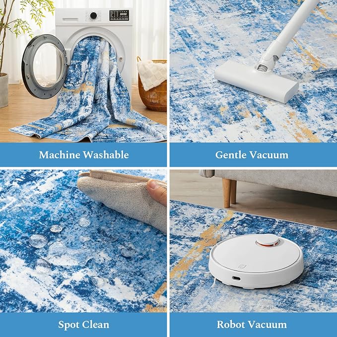 Rugflix 5x7 Area Rugs for Living Room, Washable Sky Blue Gold Large Rug | Machine Washable; Stain-Resistant; Low Pile; Non-Slip; Modern Abstract; Carpet for Bedroom Dining Office Nursery Home