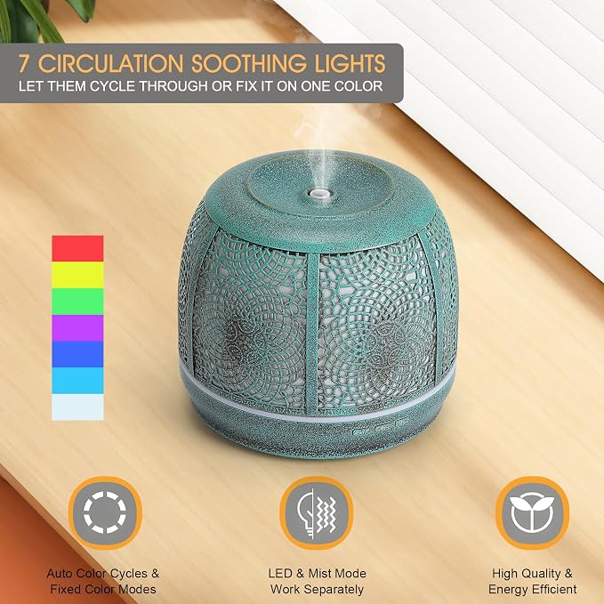 Large Essential Oil Aromatherapy Diffuser for Home Bedroom Metal Hollow Decorative Room Ultrasonic Air Scent Mist Aroma Diffuser 500ML Defusers -Green Copper