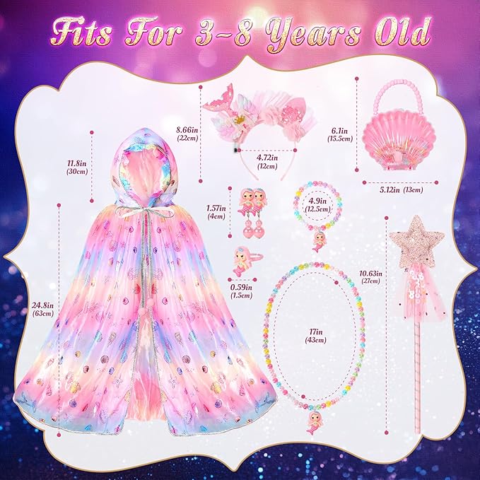 Fedio Mermaid Toys Princess Dress up for Girls,Mermaid Light Up Princess Cape Set,Toddler Dress up Toys Christmas Birthday Halloween Gifts for 3-8 Years Old