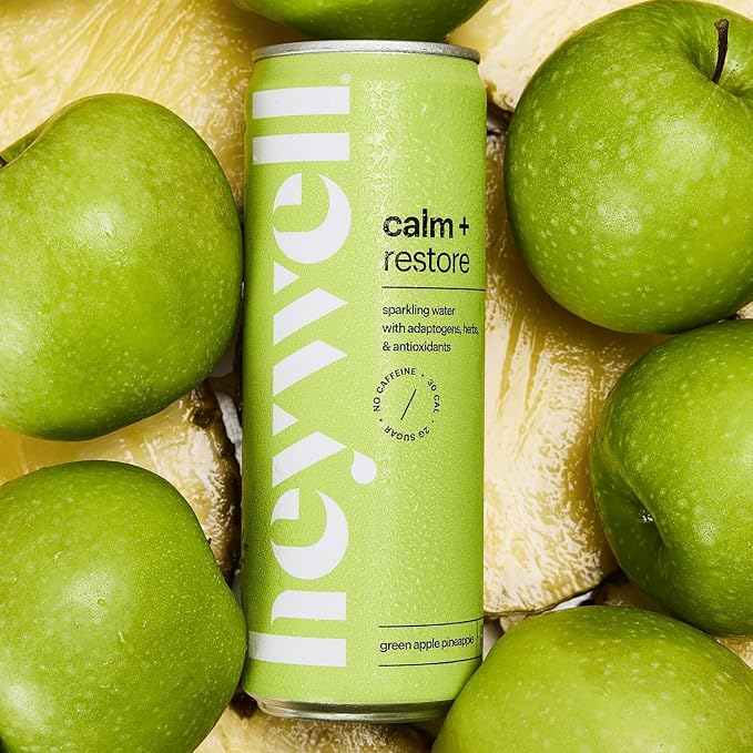 Heywell Sparkling Adaptogenic Water Calm and Restore, Green Apple Pineapple Flavor 12 Fluid Ounce (Pack of 12) - Non Caffeinated, Organic, Non GMO, Vegan, Gluten Free, Dairy Free