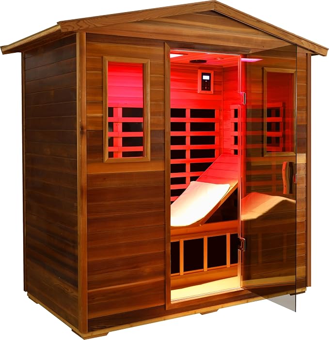 LTCCDSS Full Spectrum Ultra-Low EMF Outdoor Sauna 3-Person, Red Cedar Far Infrared Saunas for Home, Near&Mid-IR Light, EMF 0.1-3mG, Bluetooth & Chromotherapy