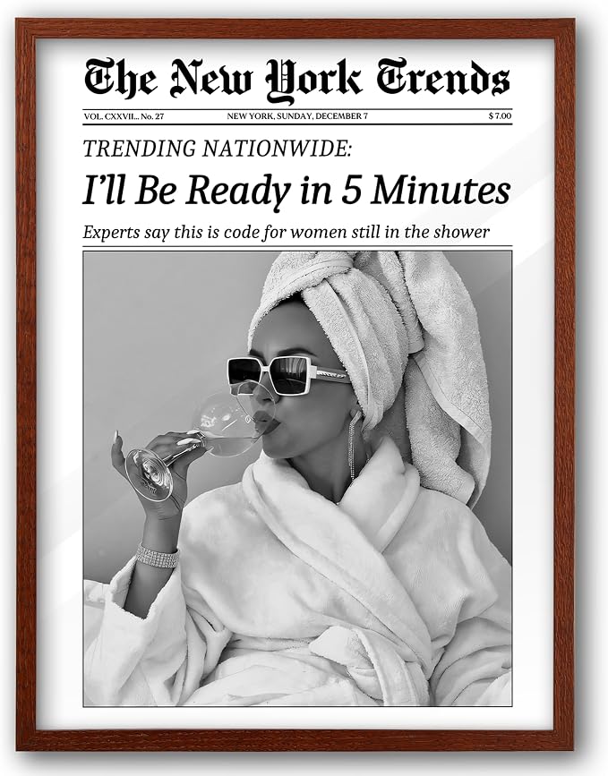 EcoHest 12x16 in I'll Be Ready in 5 Minutes Newspaper Framed Wall Art | Walnut Color Solid Oak Frame, Canvas Wall Art, Feminist Newspaper Wall Decor for Bathroom, Bedroom, Apartment, Dorm, 1Pack