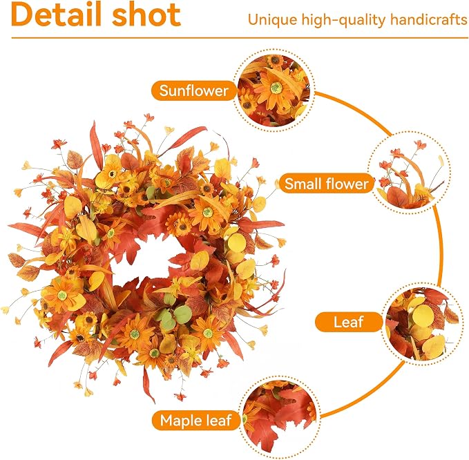 20" Fall Wreath Front Door Artificial Daisy Wall Decor Farmhouse Autumn Wreath Thanksgiving Home Porch Outdoor Indoor Holiday Harvest Decor