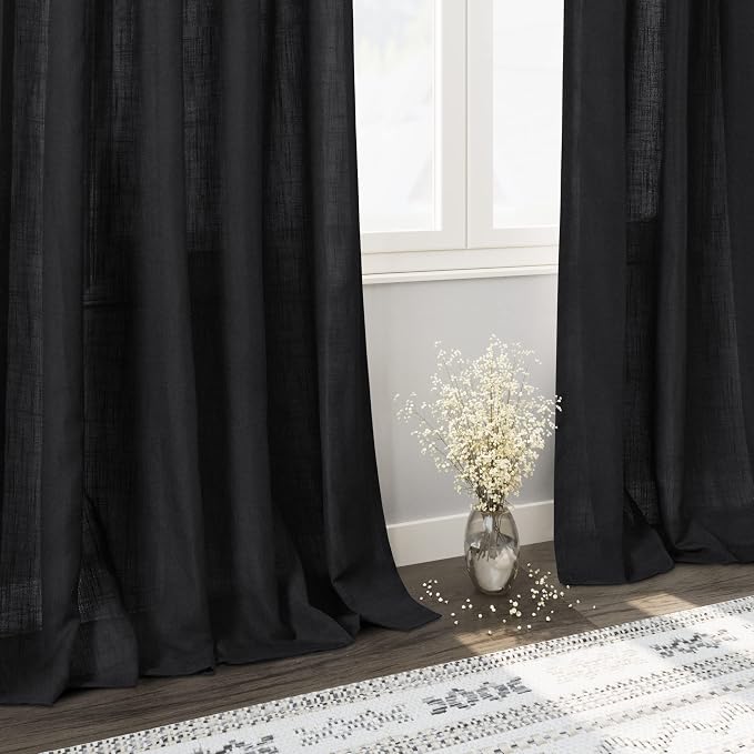 Nanspring Black Linen Curtains for Living Room Back Tab Rod Pocket Semi Sheer Light Filtering See Through Drapes 98 Inch Length 2 Panels Set for Bedroom Protect Privacy Curtain for Office W52xL98