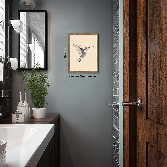 Vintage Framed Wall Art, Birds Canvas Prints, Hummingbird Sketch Painting Picture, Neutral Farmhouse Artwork Wall Decor for Living Room Bedroom – Dark Wooden Frame 8x10in
