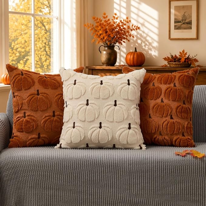 DFXSZ Fall Pillow Covers 20x20 2Pcs Beige Brown Pumpkin Fall Decorations | Fall decor Set of 2 Throw Pillow Cases Soft Plush Faux Fur Wool Couch Cushion for Chair Sofa Bedroom Living Room Home Decor