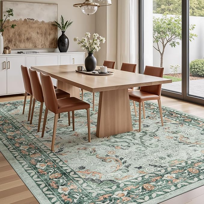 8x10 Area Rugs for Living Room,Washable Non-Slip Large Rug, Sage Green | Soft Carpets for Bedroom for Dining Room Home Office Indoor Nursery, Stain Resistant, Low Pile, Vintag Boho Distressed Rug