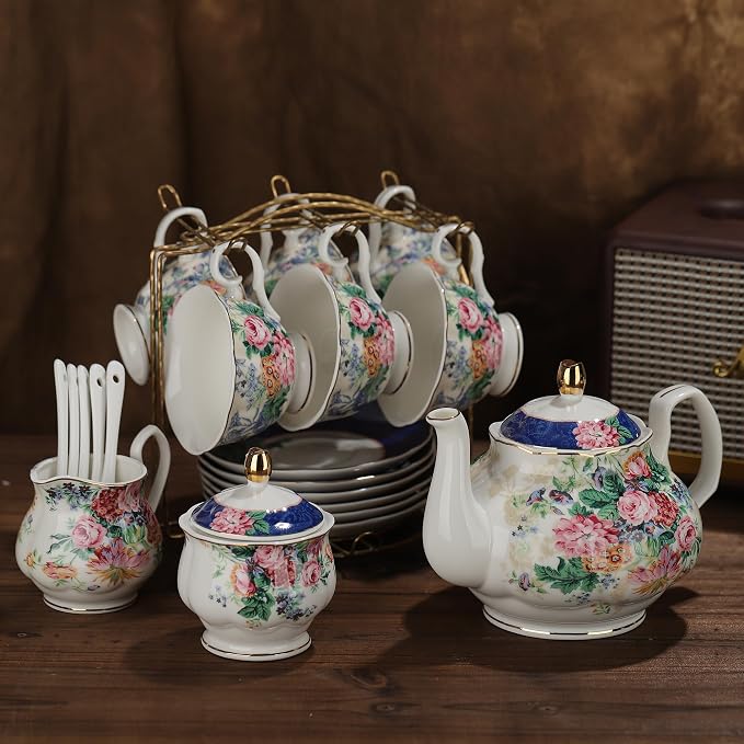 fanquare 21-Piece Blue Lace Porcelain Tea Set, China Coffee Cup and Saucer Set for 6, Pink Flower Tea Sets for Adults Women
