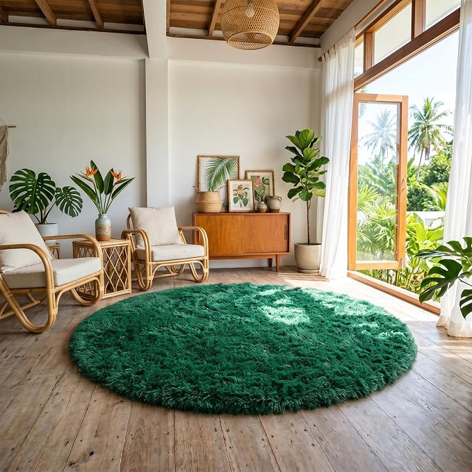 Amdrebio Dark Green Round Rug 4Ft for Bedroom, Fluffy Fuzzy Circle Area Rugs for Living Room Decor, Shaggy Emerald Green Rugs for Kids, Teen Boys, Baby Nursery, Furry Plush Floor Carpet for Classroom