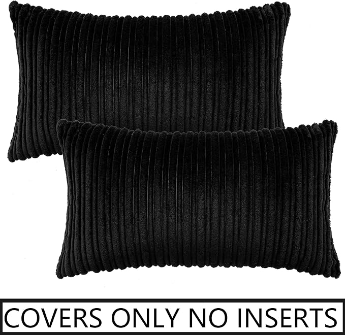 UGASA Corduroy Striped Soft Soild Decorative Throw Pillow Covers Set Cushion Cases Pillowcases for Sofa Bedroom, 2 Pcs, 12x20inch, Black