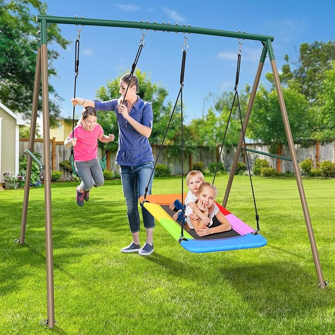 Hapfan Swing Sets for Backyard with 45" Platform Saucer Swing and Belt Swing, 440 lbs Swingset Outdoor for Toddler and Kids 3-8 Backyard