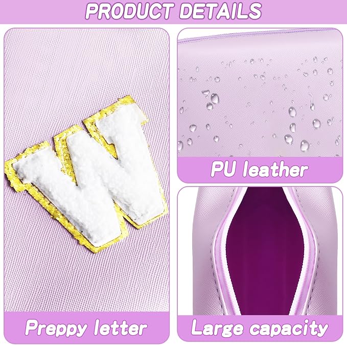 URSKYTOUS Gifts for Girls Initial Makeup Bag Personalized Cosmetic Bag with Zipper Cute Travel Toiletry Bag Waterproof PU Preppy Makeup Pouch Birthday Gift for Teen Girls Women(Purple W)