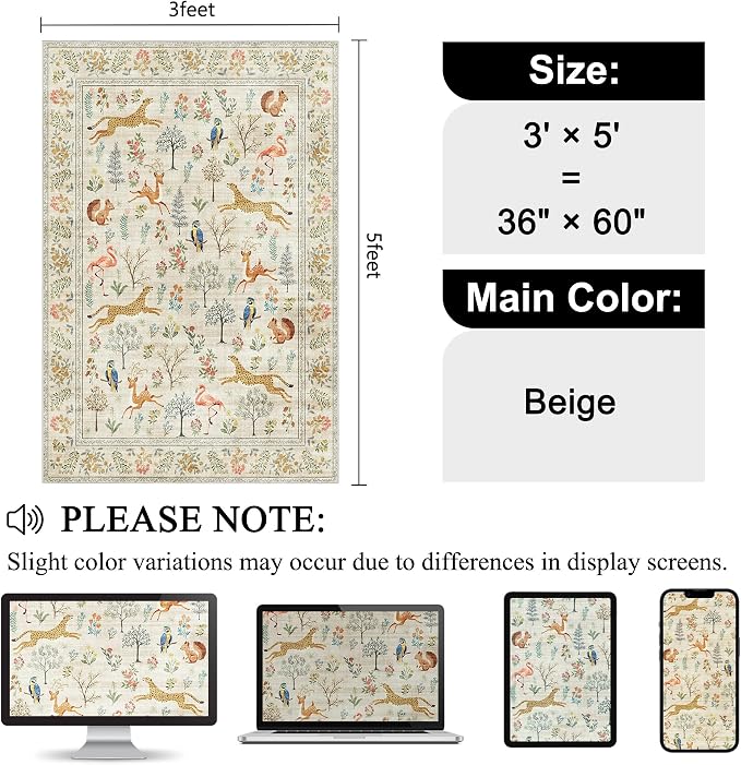 DUKINO 3x5 Rug, Washable Animal Area Rug for Bedroom Non Slip, Beige | Low Pile, Stain Resistant, Soft Indoor Carpet for Living Room, Kitchen, Dining Room, Nursery, Lightweight, Pet Friendly