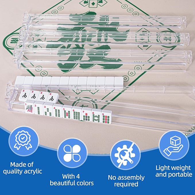 Mahjong Racks with Pushers - Set of 4, Clear Acrylic American Mahjong Tile Racks with Built-in Pushers - Durable & Lightweight - Perfect for Mahjong Game Accessories (Imported)