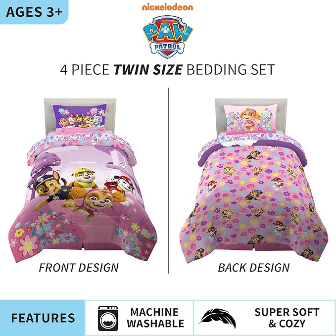 Paw Patrol Girl Skye Kids Bedding Super Soft Reversible Microfiber Comforter and Sheet Set, 4 Piece Twin Size, (Officially Licensed Product) Product By Franco | Durable, Reversible, Officially Licensed