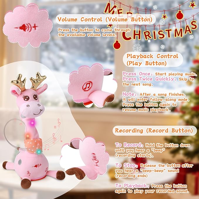 LUKETURE Dancing Talking Singing Pink Giraffe Stuffed Plush with Golden Antlers,Interactive Stuffed Animal Toy, Musical Plush with Record & Repeat, Sings 10 Songs, LED Lights