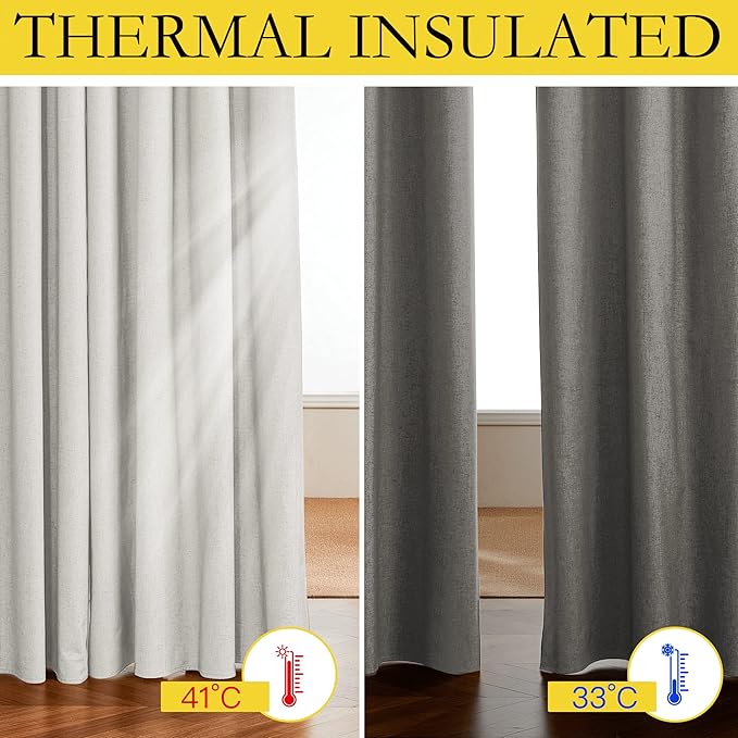 NICETOWN 100% Blackout Linen Curtains for Living Room with Thermal Insulated White Liner, Ivory, 52" Wide, 2 Panels, 84" Long Drapes, Back Tab Retro Linen Curtains Vertical Drapes Privacy for Bedroom
