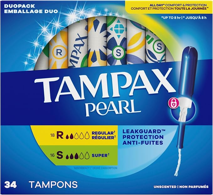 Tampax Pearl Tampons for Women Multipack, with LeakGuard Braid, Regular/Super Absorbency, Unscented, 34 Count