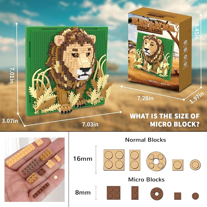 Lion Animal 3D Wall Art Micro Mini Building Blocks Set, Unique Home Wall Decor or Table Display, No Compatible with Lego Set, Ideal Gift Toy for Adults Boys Girls (1187 PCS)