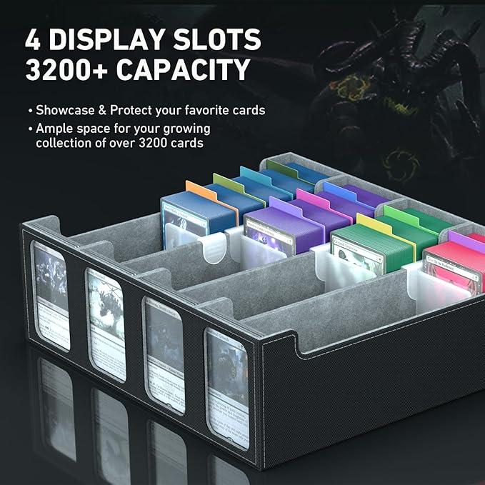 4-Row Trading Card Storage Box, Bulk Cards Case for 3200+ Mtg tcg Magic Playing Game Card Organizer, Commander Deck Box with 4 Supports & 24 Dividers & Strap