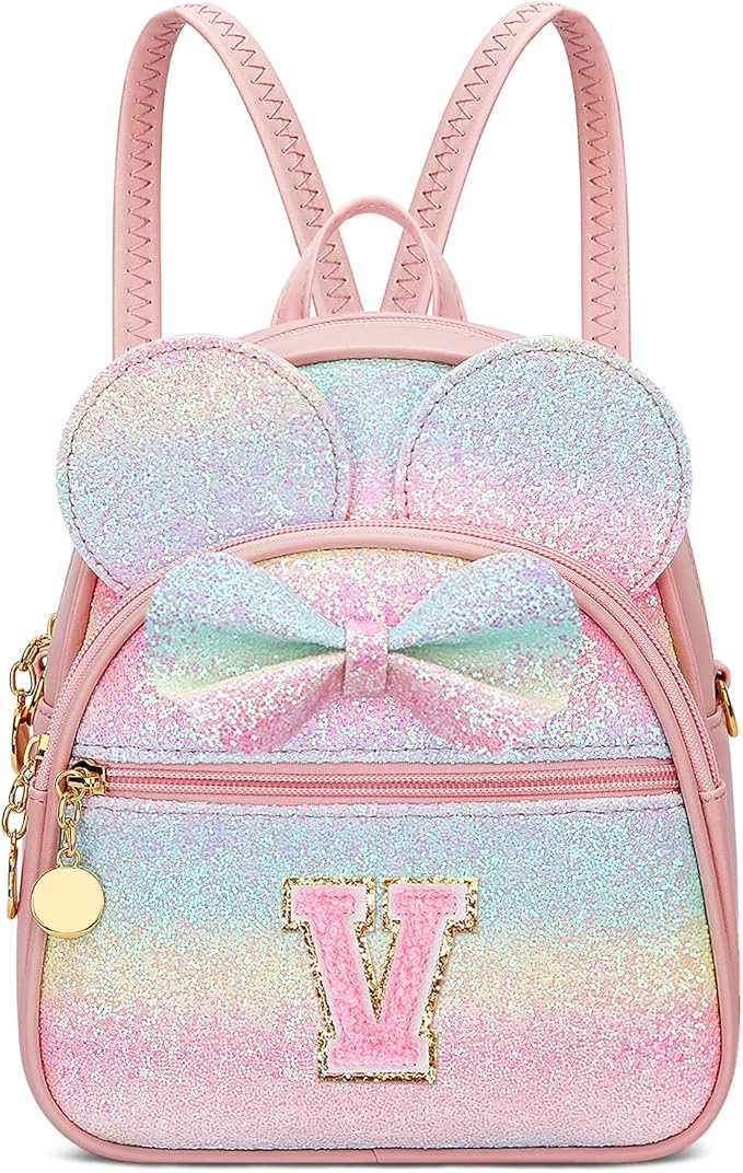 KKXIU Initial Bowknot Mini Backpacks for Girls Women, Small Cute Backpack Purse, Personalized Valentines Day Gifts for Toddler, Kids and Teen Girls(V, Rainbow)