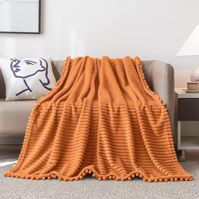 DISSA Fleece Blanket Twin Size – 60x80, Orange – Soft, Plush, Fluffy, Fuzzy, Warm, Cozy – Perfect Throw for Couch, Bed, Sofa - with Pompom Fringe - Flannel Blanket Throw Blanket
