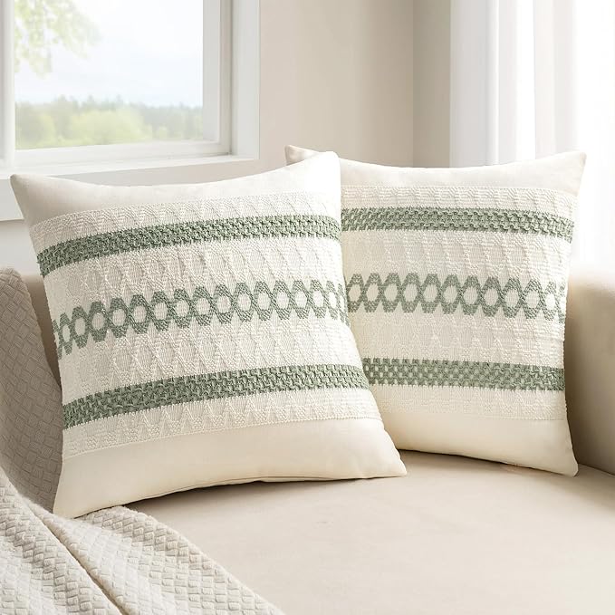 MIULEE Set of 2 Sage Green Boho Decorative Pillow Covers 18x18 Inch | Farmhouse Couch Throw Pillows, Modern Cotton Cushion Covers, Macrame Woven Spring Home Decor for Bed Sofa Chair