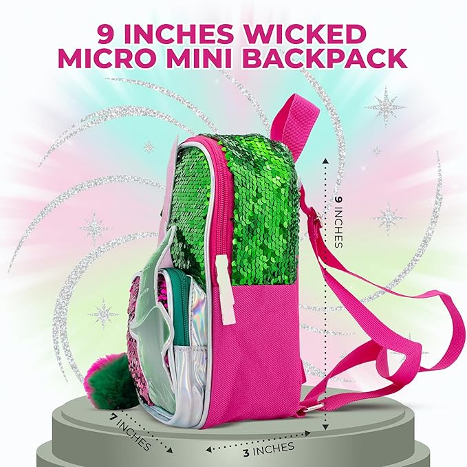 AI ACCESSORY INNOVATIONS Wicked 9” Micro Mini Backpack Purse Featuring Glinda & Elphaba 3D Character Patches, Shiney Sequins, & Pompom Dangle