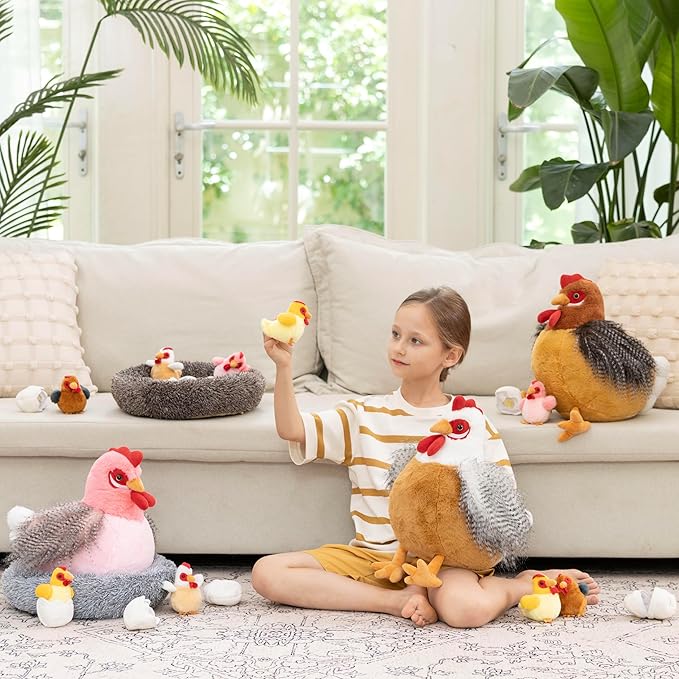 MaoGoLan 8Pcs Chicken Stuffed Animals, Stuffed Laying Hen Chicken Plush Toys with 3 Babies Chickens and 3 Eggs,1 Nest House Plush Set, Cute and Soft Farm Stuffed Animals Gift for Kids,Girls,Boys,White