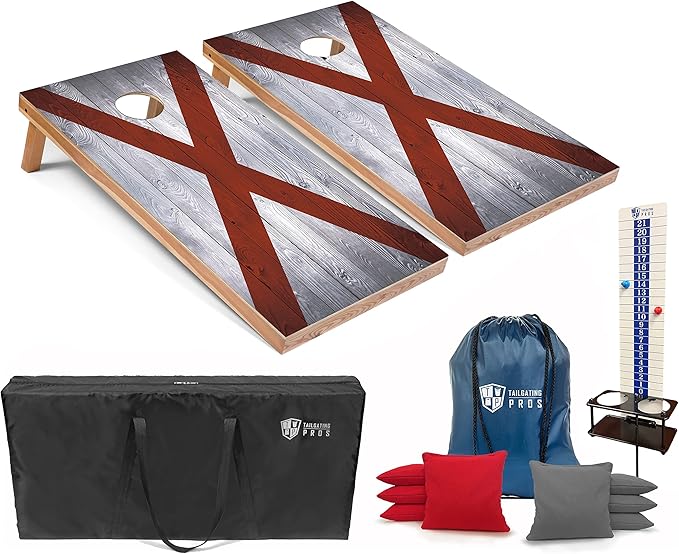 Tailgating Pros 4x2 Regulation Cornhole Boards Flag Set- Includes 8 Bean Bags, Carrying Cases, and Score Keeper - Optional LED Lights