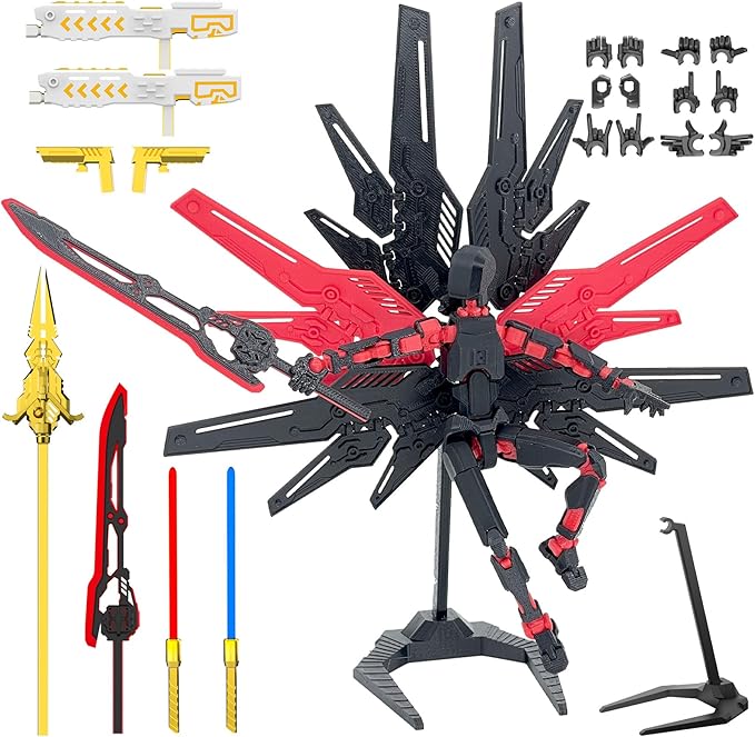 T13 Titan 13 Action Figure Already Assembled, Cyberpunk Futuristic Mecha 3D Printed Action Figure Set Robo 13, Lucky 13, Gift for Dummy Collectors Desktop Decorations (Black Red)