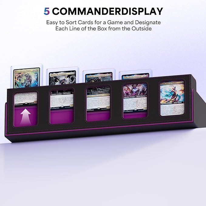 UAONO Trading Card Storage Box with Commander Display;3900+ Card Box for MTG, Removable Cover; 5 Row Case fits MTG TCG Sports Cards 48 Dividers,5 Stoppers,5 Top Loaders,1 Dice Box(Black, Purple)