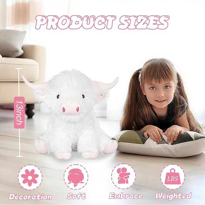 Highland Cow Weighted Stuffed Animals, 4 Lbs White Highland Cow Plush 13.7 Inches, Surprise Weighted Stuffed Animals Gift for Kids Birthdays, Halloween, Christmas (White)