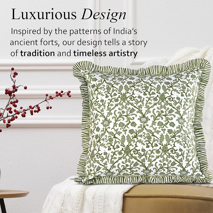 CPC Meadow Vine Hand Block Print 100% Cotton Ruffle Throw Pillow Cover 18x18 inch with Hidden Zipper Decorative for Couch, Bed, Sofa, Farmhouse, Cottagecore Decor Gift Christmas Fall Thanksgiving