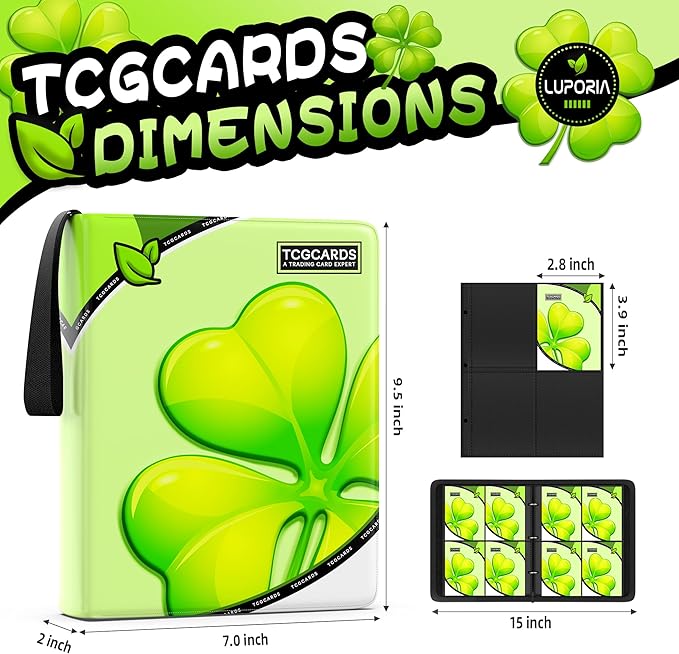 Trading Card Binder 4 Pocket,400 Pocket Card Collection Binder with 50 Removable Sleeves,PU Waterproof Top Card Book,3-Ring Zipper Collectible Trading Card Album for MTG/TCG/Card Holder Gift（(Leaf）