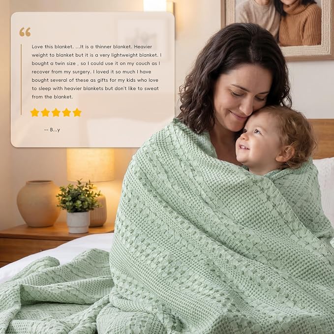 PHF 100% Cotton Waffle Weave Blanket Queen Size, Lightweight Breathable Summer Blanket for Hot Sleepers, Pre-Washed Soft Layer for Bed, Couch, Aesthetic Home Decor & Gift, 90"x90", Mint Green