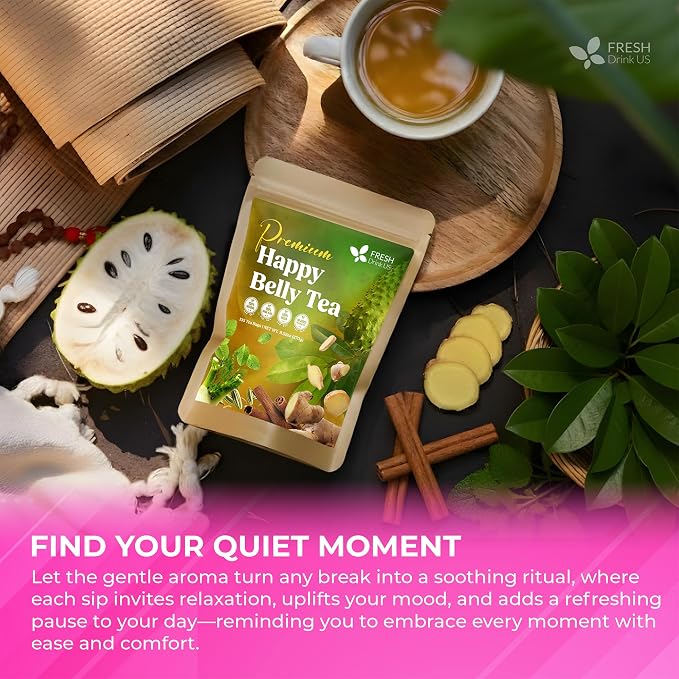 FreshDrinkUS, Premium Happy Belly Tea | 75 Tea Bags | Herbal Tea Blend with Soursop Leaves, Ginger, Fennel Seed, Lemon Balm, Cinnamon, Papaya Leaves & Rose Hip – Naturally Caffeine Free. Sugar Free