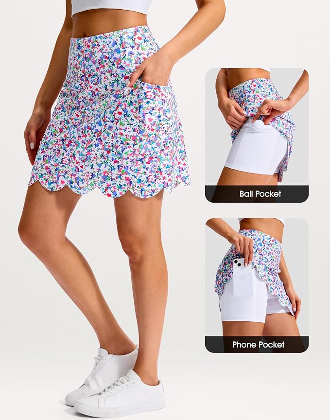 16" Skorts for Women with 4 Pockets High Waisted Scalloped Hem Athletic Tennis Skirt Golf Skort Dressy Casual
