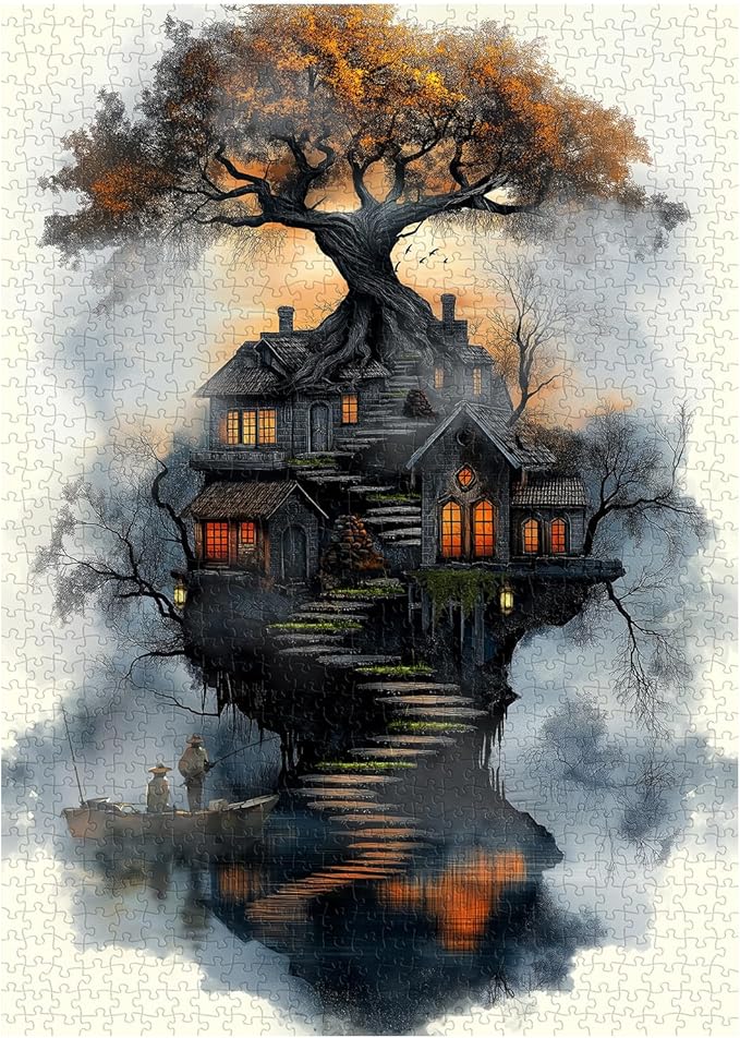 Fantasy Treehouse Puzzles for Adults 1000 Pieces, Nature Tree Art Jigsaw Puzzle with Forest Cottage, Sunset Sky, Dreamy Lake Aesthetic Puzzle, Hard Challenging Puzzle for Adults